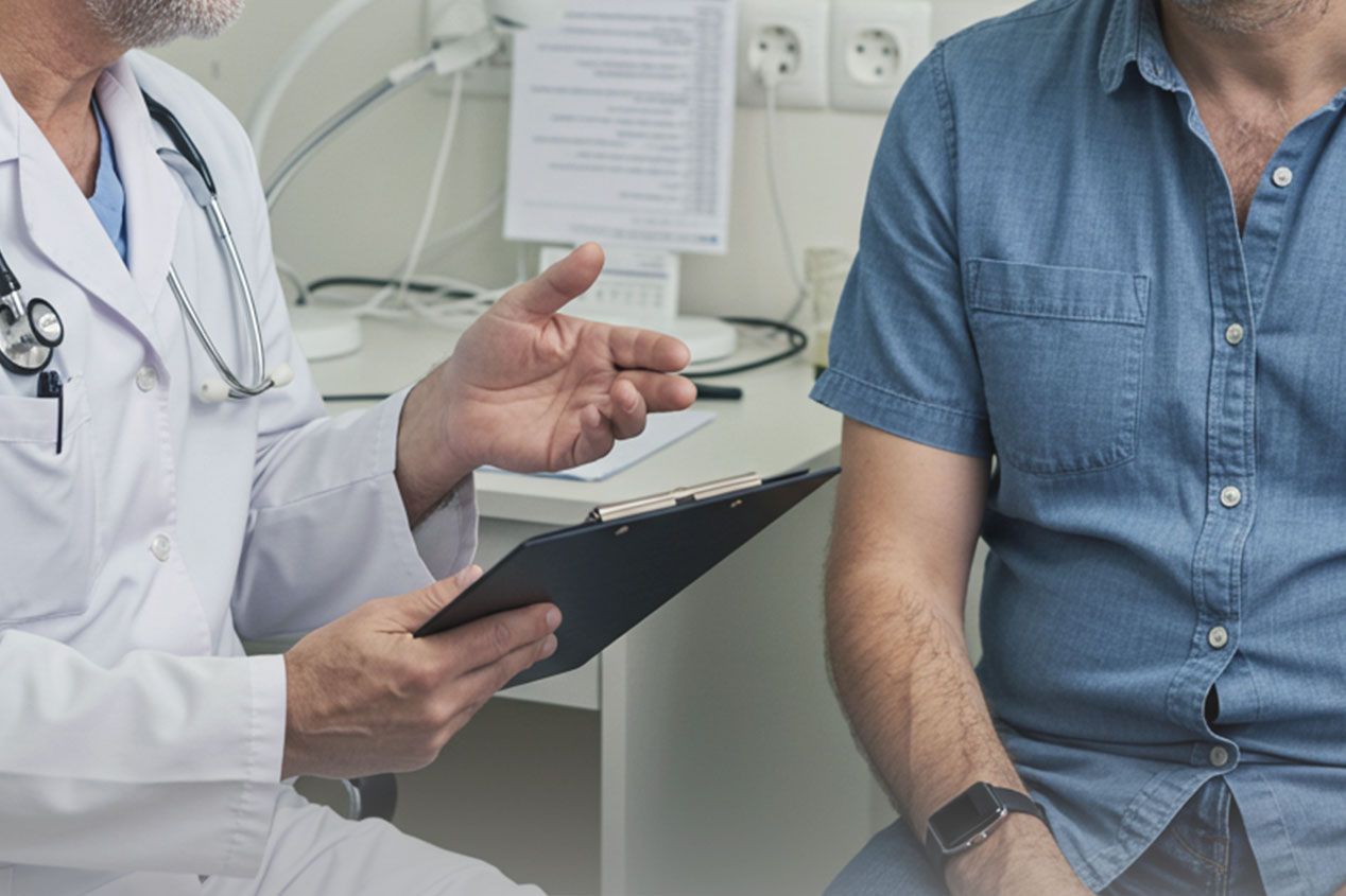 Лечение «белой горячки»  Врач говорит с мужчиной пациентом