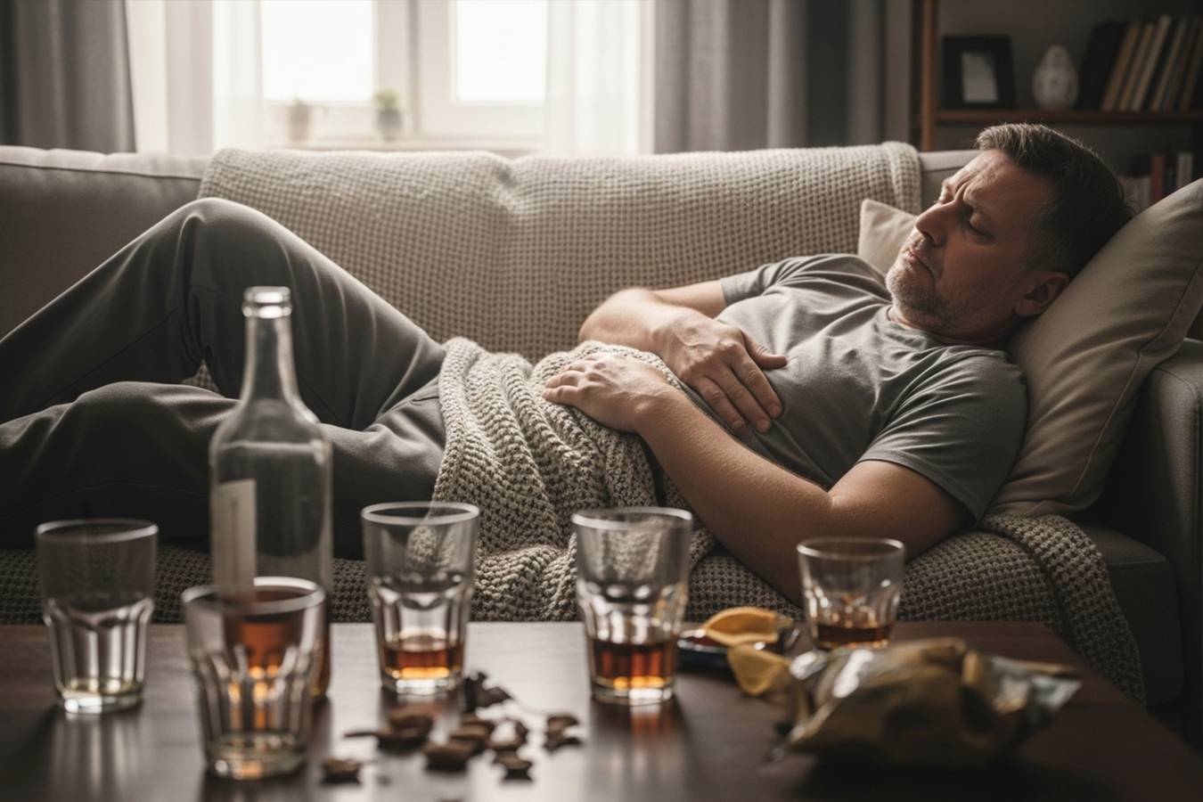 Желудочно-кишечный дискомфорт Мужчина после алкоголя держится за живот