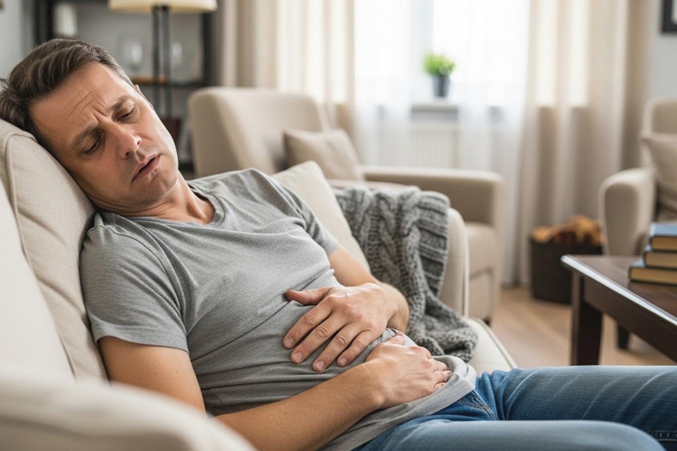 Отравление токсинами Мужчина лежит на диване и держится за живот