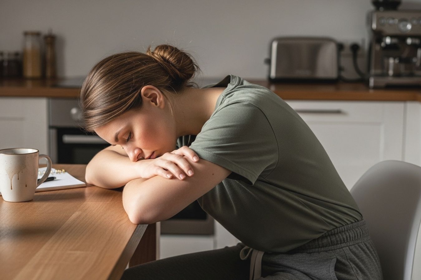 Повышенная утомляемость Девушка спит сложив руки на стол