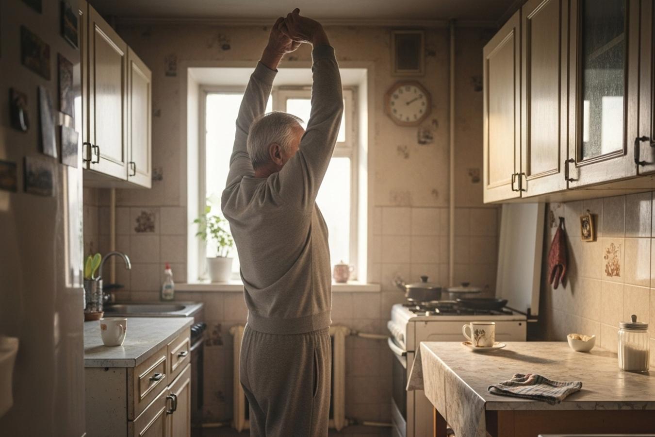 Быстрое восстановление Мужчина утром на кухне потягивается